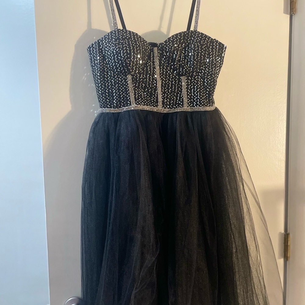 Bustier Prom Dress Black Tulle Dress with Rhinestone Bodice